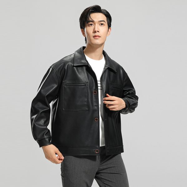 Stylish Fall Fashion Leather Jacket with Lapel - Image 2