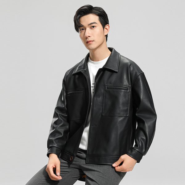 Stylish Fall Fashion Leather Jacket with Lapel - Image 4